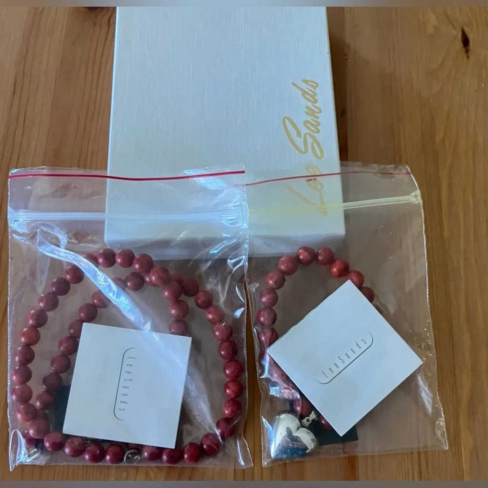 NEW Lee Sands Vintage Sterling Silver Heart Red Beaded Necklace and Bracelet Set